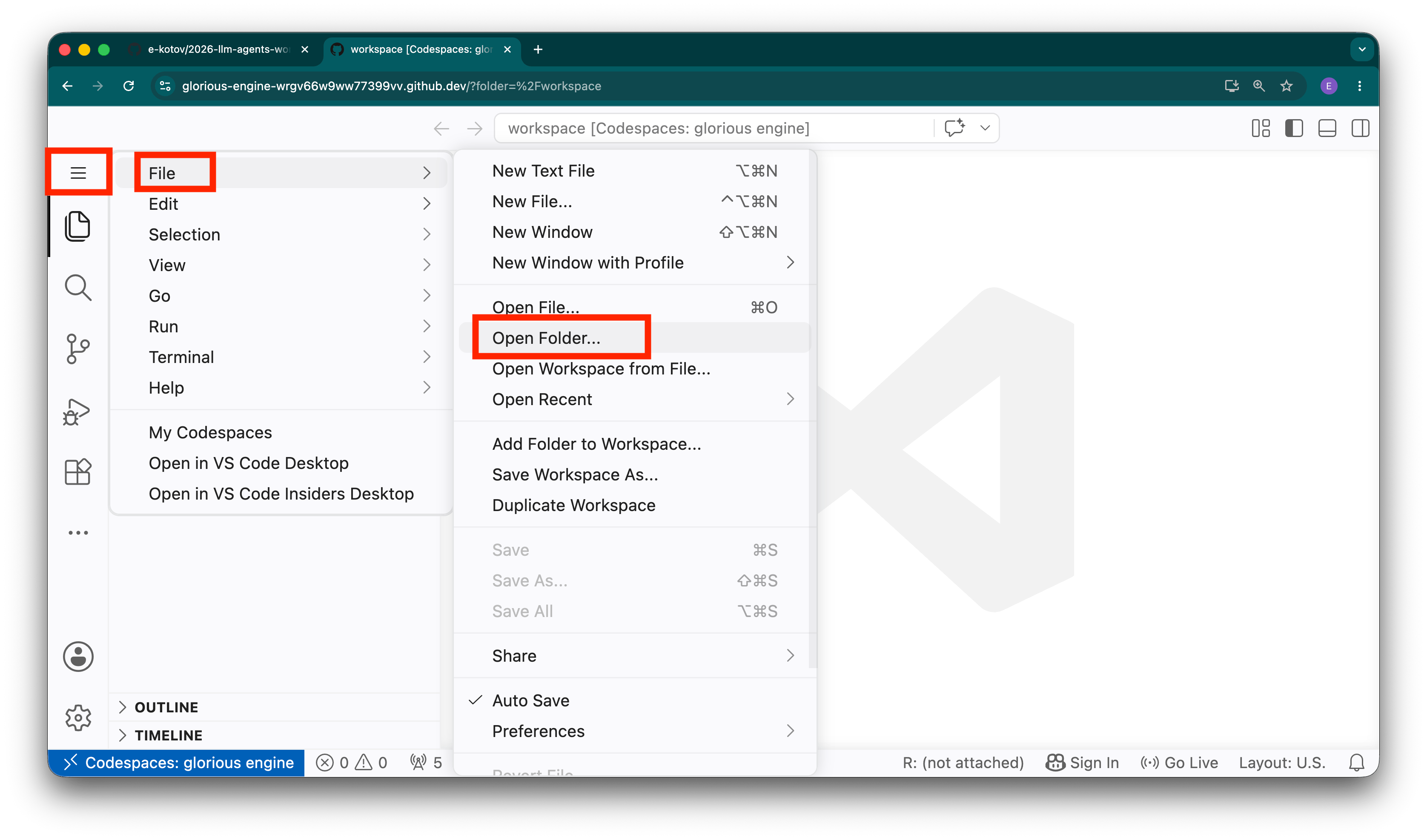 Opening a folder as a VS Code project.