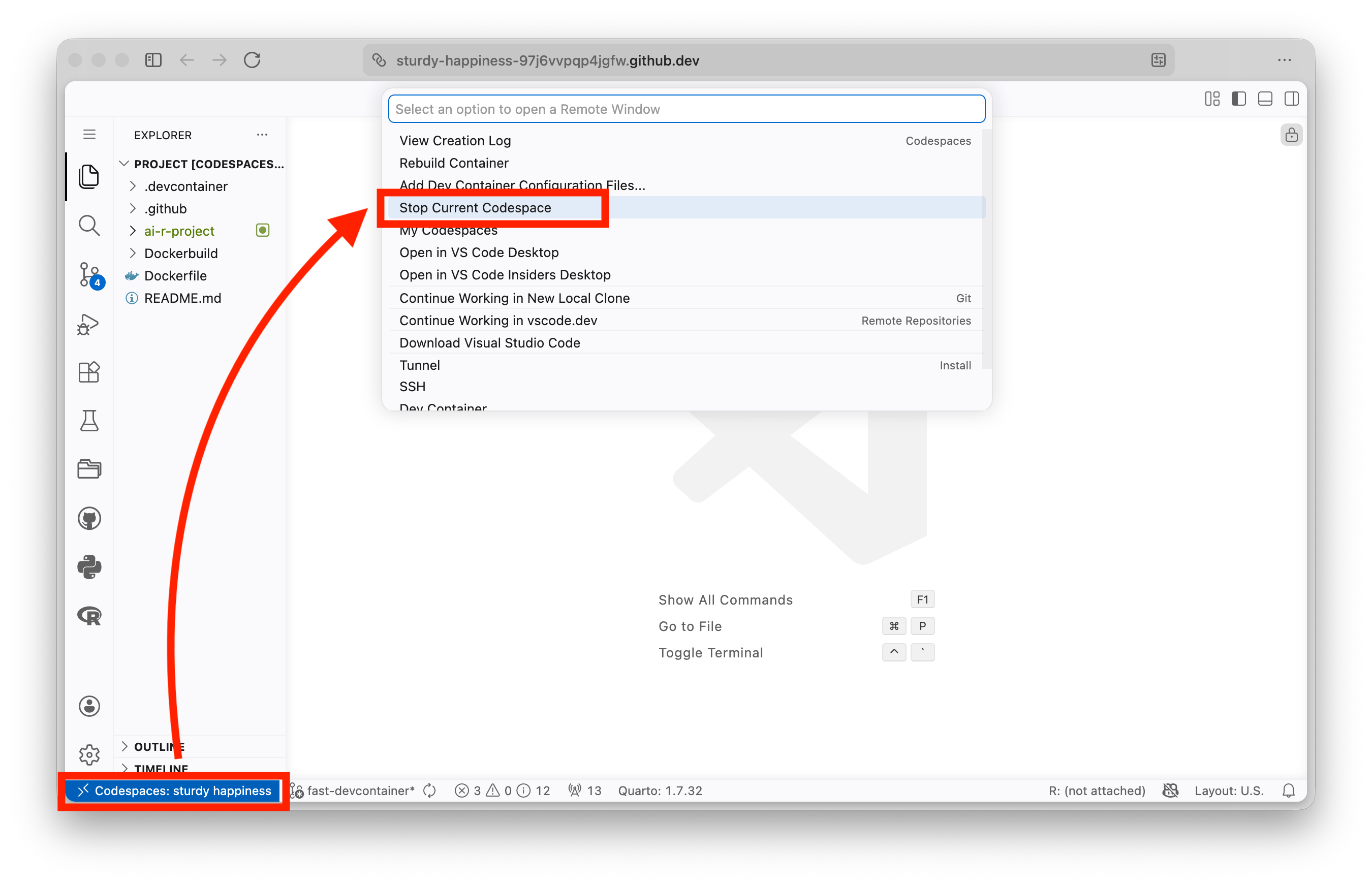 Stop GitHub Codespace